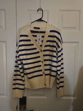 Madewell Cream & Blue Striped Button-Up V-Neck Cardigan